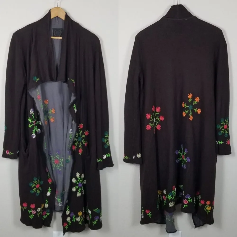 Biya Johnny Was Brown Floral Embroidered Waterfall Long Brown Cardigan Size M - Picture 12 of 15